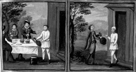 Decameron, Baker Cisti offers wine to Geri Spina and his guests; a servant of Geri goes to Cisti to ask for wine. Sixth day, story 2
