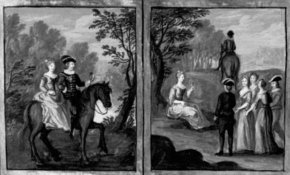 Decameron, Madame Oretta agrees to ride a horse with a knight; Oretta dismounts. Sixth day, story 1