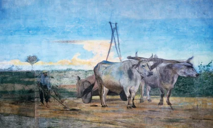 Collection of manure, wagon with oxen