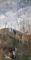 Peasant woman picking up her washing