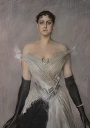 Portrait of a lady in white with gloves and fan (detail)