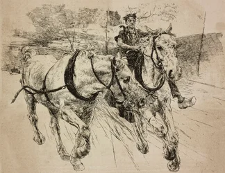 Reinforcement carriage horses (engraving from original drawing by Giovanni Boldini)