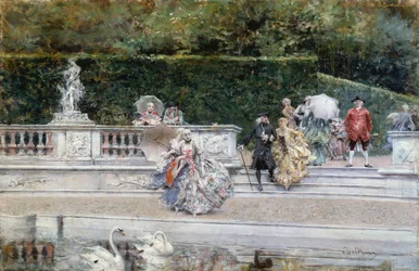 View of garden of Versailles with people dressed in eighteenth century clothing, by Giovanni Boldini