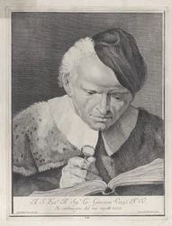 Man in a hat reading a book with a magnifying glass, 1743