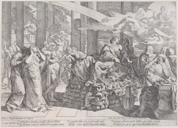 The suicide of Dido who reclines on a pyre in centre, surrounded by many figures, 1650-55.