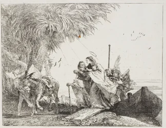 Mary, Helped by Joseph and an Angel, Stepping Out of the Boat, plate eighteen from The Flight into Egypt