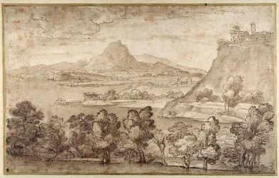 Landscape with a Hill Town and a More Distant Mountain