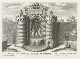 Fountain in the Vatican Gardens (title on object: Fountain of the Tower in the Garden of Belvedere in the Pontifical Palace) (series title: The Fountains in the Palaces and Gardens of Rome)