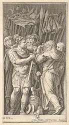 Soldiers, One Shown Frontally and Holding a Sword, at Right a Soldier with His Back