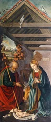 Adoration of Child, central panel of Triptych depicting Nativity with Saints Francis and Bartholomew with two donors