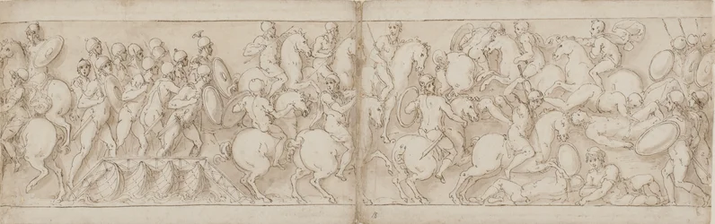 Marcus Aurelius sets out over a wharf with infantry and cavalry; the Sarmatians are repulsed by advancing Romans