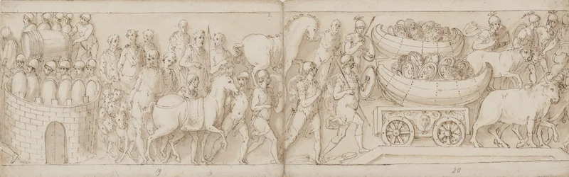 The Besieged Romans Receive Reinforcements from the Other Side, the Romans on the March with the Emperor; Shields in Boats are Pulled Over a Bridge on Ox-Carts