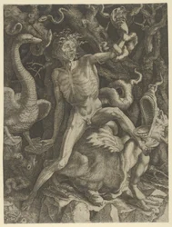 Fury personified as an old man riding a monster, holding a skull in his left hand