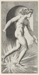 Apollo riding his chariot in a niche, facing right, from a series of mythological scenes, 1526