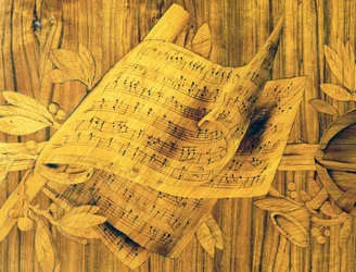 Musical score, central part of inlay on corner cabinet with single big door