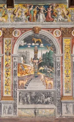 The astrological sign of Leo with Diana, two deers and a satyr as on a sarcophagus in Bleinhaim Palace; in the background the Arco degli Argentari in Rome and Hercules struggling against the Nemean lion, Chamber of the Zodiac (Camera dello Zodiaco)