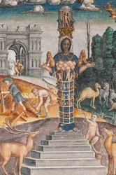 The astrological sign of Leo with Diana, two deers and a satyr as on a sarcophagus in Bleinhaim Palace; in the background the Arco degli Argentari in Rome and Hercules struggling against the Nemean lion, Chamber of the Zodiac (detail)