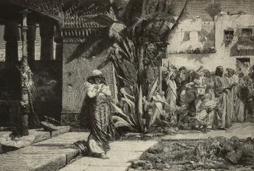 Magdalene, woman with turban and procession in Middle Eastern village, engraving by Cantagalli brothers from painting by Giovanni Muzzioli, Modena, Italy from L