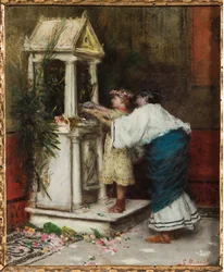 Mother and Daughter in front of a Small Temple