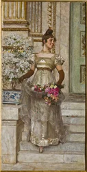 Woman coming down the stairs