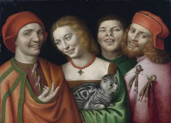 ”Portrait of three men and a woman holding a cat”. Painting by Giovanni Paolo Lomazzo (1538-1600), private collection