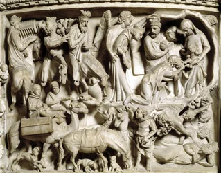 Detail of the reliefs of the Chair by Giovanni Pisano: the voyage and the adoration of the Magi (Detail)