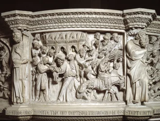 Detail of the Reliefs of the Chair by Giovanni Pisano: The Presentation of Jesus at the Temple and the Escape to Egypt (Detail)