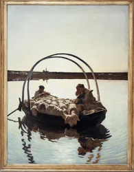 Ave Maria: A mother holding her child against her with a herd of sheep on a ferry crossing a river