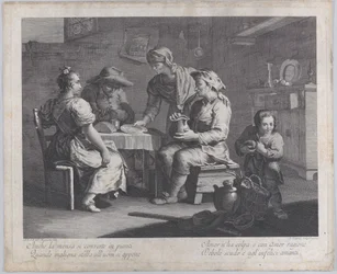 Three People Seated Around a Table as a Man Brings an Empty Plate