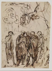 A Group of Five Men Conversing, Upside Down Relative to Them, Sketches for a Reclining Old Man, a Right Arm, and Possibly for a Coat of Arms