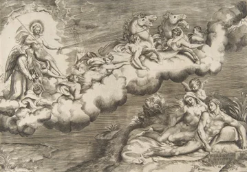 An allegory of the rising sun, a naked man wearing a shroud and accompanied Father Time