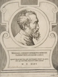 Bust portrait of Michelangelo facing right, set within a cartouche, 1546