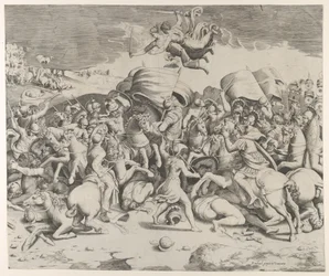 Constantine defeating the tyrant Maxentius, angels carrying swords fly above, 1544