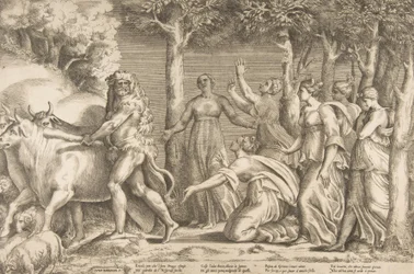 Hercules driving off the cattle of Geryon, at the right are the nymphs of Hesperides