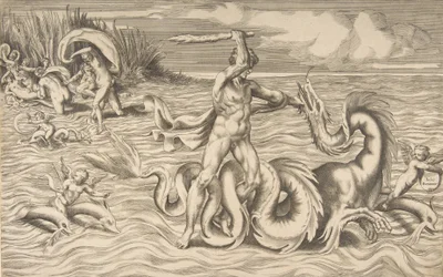 Hercules Fighting a Dragon in the Centre, Achelous Carrying Off Deianeira Upper Left