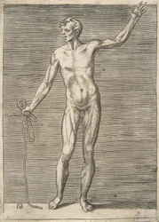Man seen from the Front, holding a Rope in his right Hand
