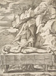 Pieta, Christ stretched out on a table in a landscape, the Virgin standing behind arms, 1531-76