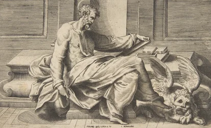 Saint Mark writing his Gospel, a winged lion at the right