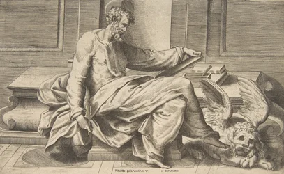 Saint Mark writing his gospel, winged lion at the right