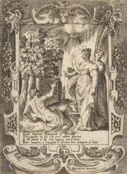 Tantalus at left speaking to Diana at right, set within an elaborate frame