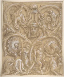 Design for an Ornamental Panel with Rinceaux, Satyrs, Putti, Monsters and a Human Head, 1535-45