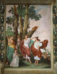 Nymph Amaryllis crowned winner of kiss competition, fresco by Giulio Carpioni, inspired by pastoral play The Faithful Shepherd, by Giovanni Battista Guarini (1538-1612), Villa Caldogno (UNESCO World Heritage List)
