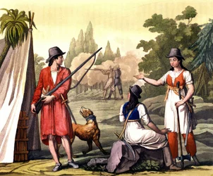 Buccaneers and women pirates: the pirate Jack Rackham also known as Calico Jack represented with Anne Bonny and Mary Read in the West Indies. Plate from 