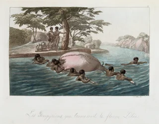 Residents of Zanzibar crossing the river Lebee a la swim - in 