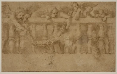 Four Winged Putti Decorating a Balustrade with Garlands