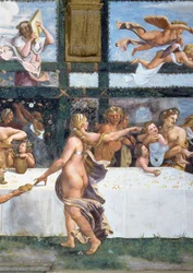 The Rustic Banquet celebrating the marriage of Cupid and Psyche, with the three lunettes above depicting one of Psyche