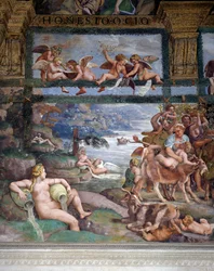Wedding feast or Banquet of gods, fresco by Giulio Romano, west wall of Chamber of Cupid and Psyche, Palazzo Te, Mantua, Lombardy, Italy