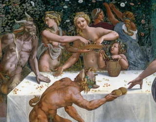 Wedding feast or Banquet of gods, fresco by Giulio Romano, west wall of Chamber of Cupid and Psyche, Palazzo Te, Mantua, Lombardy, Italy