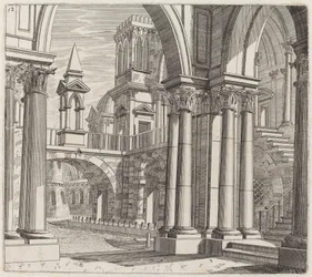 Architectural Fantasy with Buildings, Stairways, and Portals beside a Canal