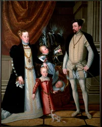 Emperor Maximilian II (1527-1576) with his family: Mary of Spain (1528-1603) and their children Anne (1549-1580), Rudolf (1552-1612) and Ernest (1553-1591). Painting by Giuseppe Arcimboldi (or Arcimboldo) (1527-1593), 1553, 188x240 cm, Ambras Castle